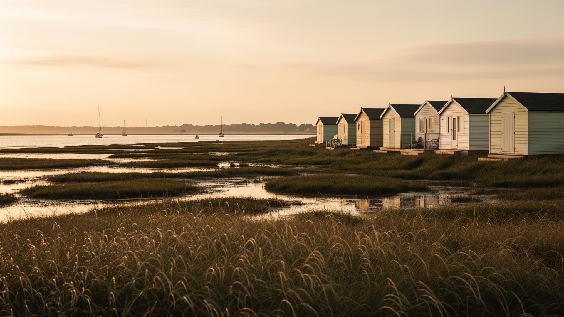 Beach huts and salt marshes at golden hour across the Essex coast and countryside